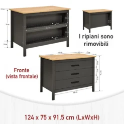 Isola da Cucina Antracite Rovere Tavolo Bar con 3 Cassetti Soft-Close