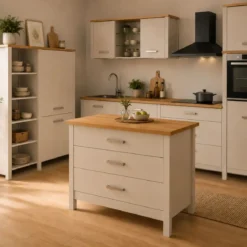 Isola da Cucina Beige Rovere Tavolo Bar con 3 Cassetti Soft-Close