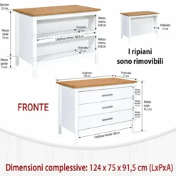 Isola da Cucina Bianco Rovere Tavolo Bar con 3 Cassetti Soft-Close