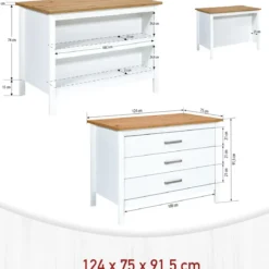 Isola da Cucina Bianco Rovere Tavolo Bar con 3 Cassetti Soft-Close