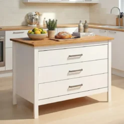 Isola da Cucina Bianco Rovere Tavolo Bar con 3 Cassetti Soft-Close