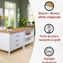 Isola da Cucina Bianco Rovere Tavolo Bar con 3 Cassetti Soft-Close