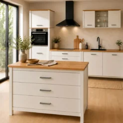 Isola da Cucina Bianco Rovere Tavolo Bar con 3 Cassetti Soft-Close