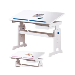 Kit Scrivania Bianca Tavolo Rosa Blu Inclinabile Legno Pino Cameretta Bambino