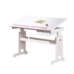 Kit Scrivania Bianca Tavolo Rosa Blu Inclinabile Legno Pino Cameretta Bambino