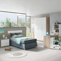 Kit Testiera Letto Singolo 90 cm con Comodino 2 Cassetti Rovere Bianco