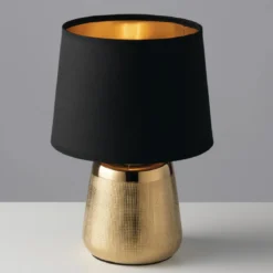 Lampada da Tavolo in Ceramica Oro con Paralume Nero Elegante Lampadina E14