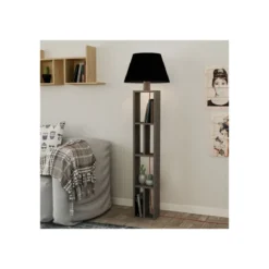 Lampada da Terra con Libreria Legno Paralume Nero Attacco Lampadina E27 Salotto