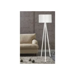 Lampada da Terra E27 Treppiede in Legno Bianco Paralume in Tessuto Interruttore