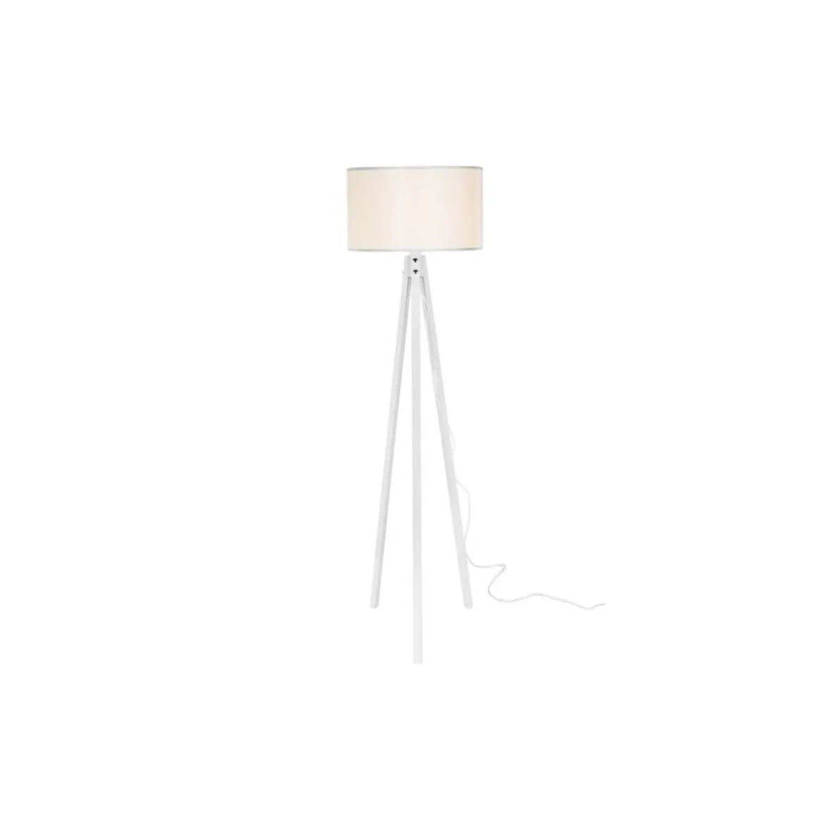 Lampada da Terra E27 Treppiede in Legno Bianco Paralume in Tessuto Interruttore