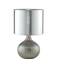 Lampada in Ceramica Martellata Argento e Paralume in Tessuto da Tavolo