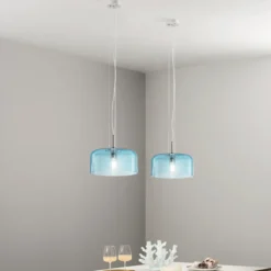 Lampadario da Interno a Sospensione Elegante Blu Luce in Vetro Soffiato