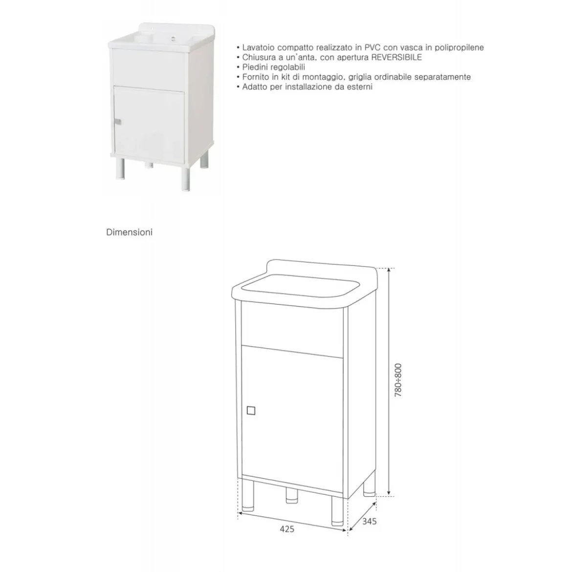 Lavatoio da Esterno Salvaspazio 43x35 in Resina con Sifone Mobile Lavanderia