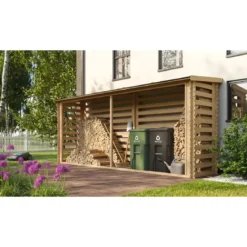 Legnaia da Esterno in Legno Grezzo 456x100x199 cm Tetto Impermeabile