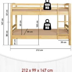 Letto a Castello 90x200 cm Legno Massello Naturale con 2 Reti Singole