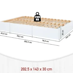 Letto alla Francese 140x200 cm Bianco con 4 Cassetti Rete a Doghe