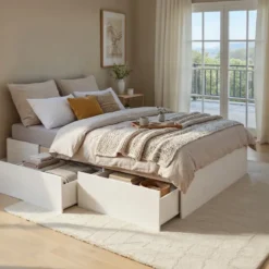 Letto alla Francese 140x200 cm Bianco con 4 Cassetti Rete a Doghe