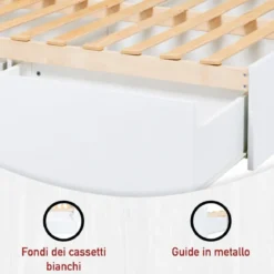 Letto alla Francese 140x200 cm Bianco con 4 Cassetti Rete a Doghe