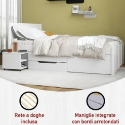 Letto alla Francese 140x200 cm in Legno Bianco con Cassetti Comodino