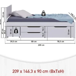 Letto alla Francese 140x200 cm in Legno Bianco con Cassetti Comodino