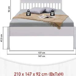 Letto alla Francese 140x200 cm in Pino Massello Bianco con Testiera