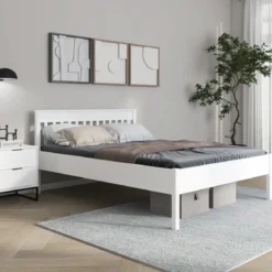 Letto alla Francese 140x200 cm in Pino Massello Bianco con Testiera
