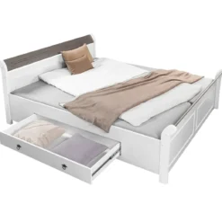 Letto alla Francese 140x200 cm Legno Bianco Grigio Cenere con Cassetto