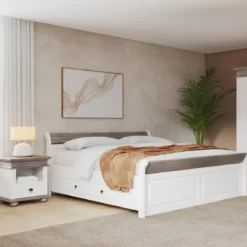 Letto alla Francese 140x200 cm Legno Bianco Grigio Cenere con Cassetto