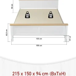 Letto alla Francese 140x200 cm Pino Massello Bianco Rovere con Testiera