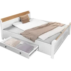 Letto alla Francese 140x200 Pino Massello Bianco Rovere con Cassetto