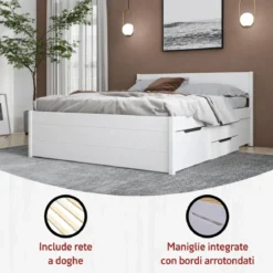 Letto Matrimoniale 180x200 cm in Pino Bianco con Cassetti Comodini