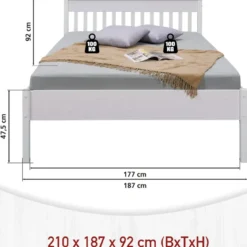 Letto Matrimoniale 180x200 cm in Pino Massello Bianco con Testiera