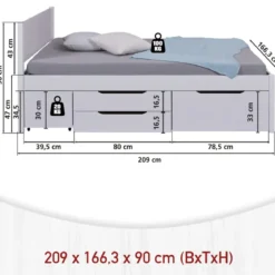 Letto Matrimoniale 160x200 cm Legno Bianco con Rete Cassetti Comodini