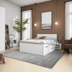 Letto Matrimoniale 160x200 cm Legno Bianco con Rete Cassetti Comodini