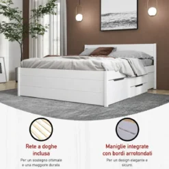 Letto Matrimoniale 160x200 cm Legno Bianco con Rete Cassetti Comodini