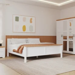 Letto Matrimoniale 180x200 cm Pino Massello Bianco Rovere con Testiera