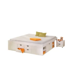 Letto Matrimoniale 180x200 King Size Bianco Rete a Doghe con Cassetti In Legno