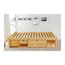 Letto Singolo a Doghe 90x200 Legno Pino con Cassetti Comodino Camera Cassettone