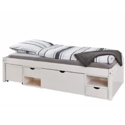 Letto Singolo Bianco 90x200 con Cassetti Comodino a Doghe in Legno