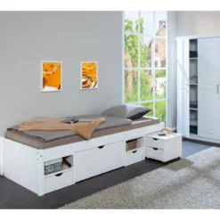 Letto Singolo Bianco 90x200 con Cassetti Comodino a Doghe in Legno