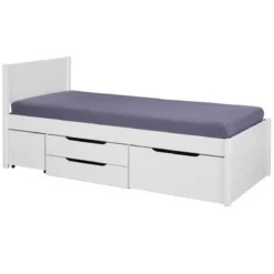 Letto Singolo 90x200 cm in Legno Bianco Cassetti Comodino Estraibili
