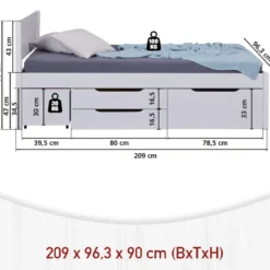 Letto Singolo 90x200 cm in Legno Bianco Cassetti Comodino Estraibili