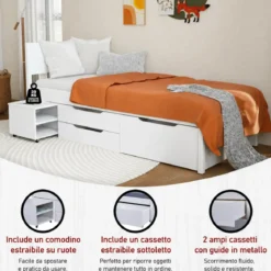 Letto Singolo 90x200 cm in Legno Bianco Cassetti Comodino Estraibili