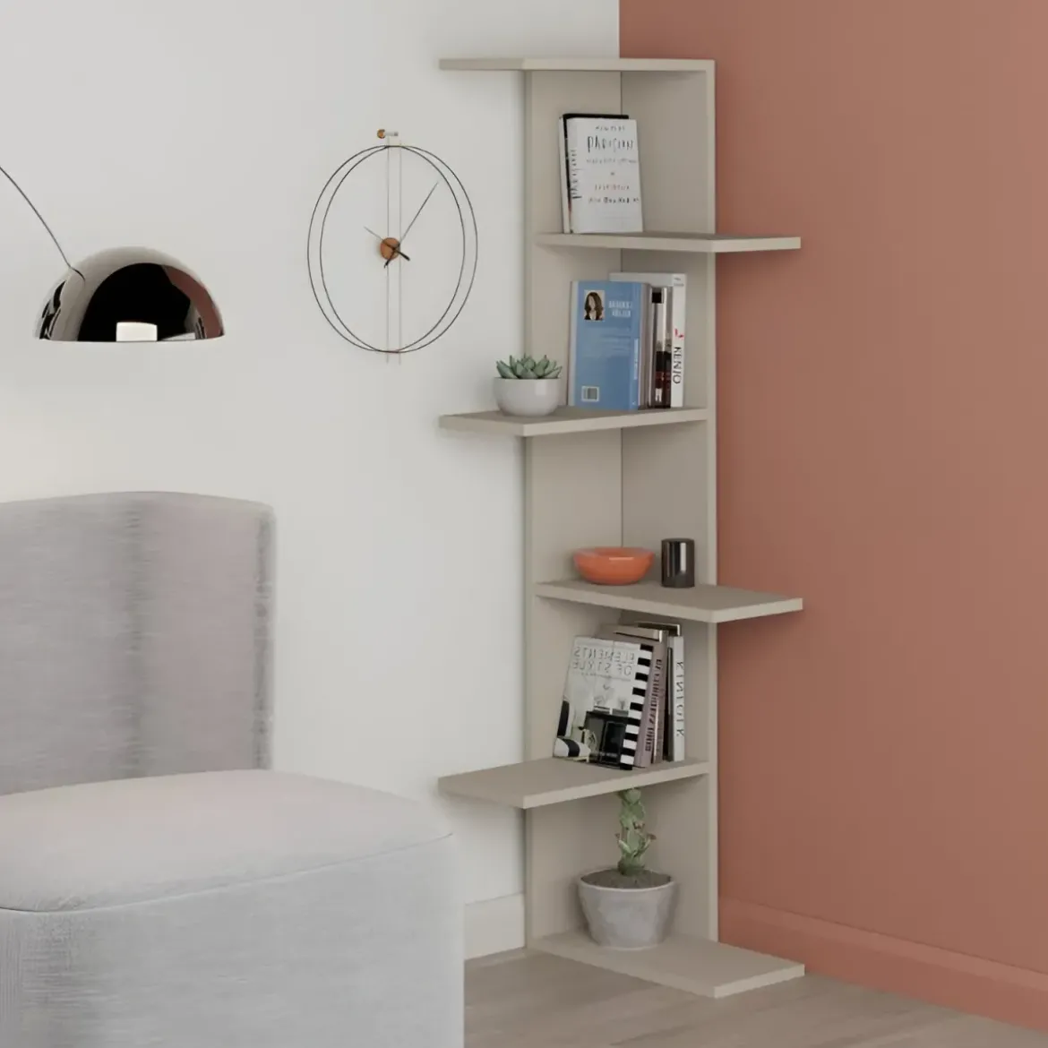 Libreria Angolare 5 Ripiani Cashmere Salvaspazio 37x37x141 cm