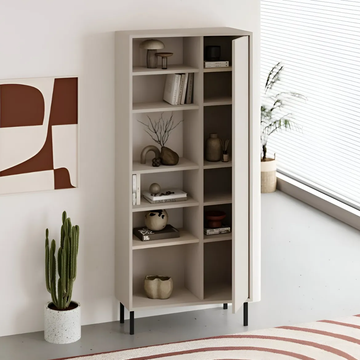 Libreria 6 Ripiani 1 Anta Battente Curva Beige Moderna Salvaspazio