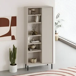 Libreria 6 Ripiani 1 Anta Battente Curva Beige Moderna Salvaspazio