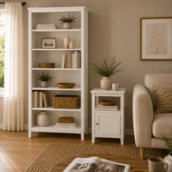 Libreria Soggiorno Camera Mobile 82 cm in Legno MDF Bianco 6 Ripiani