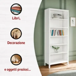 Libreria Soggiorno Camera Mobile 82 cm in Legno MDF Bianco 6 Ripiani