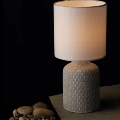 Luce da Tavolo in Ceramica Lampada con Paralume in Tessuto Grigio