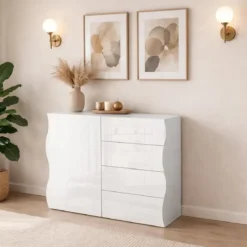 Madia Bianco Lucido con 1 Ante e 4 Cassetti Credenza in Legno da Ingresso